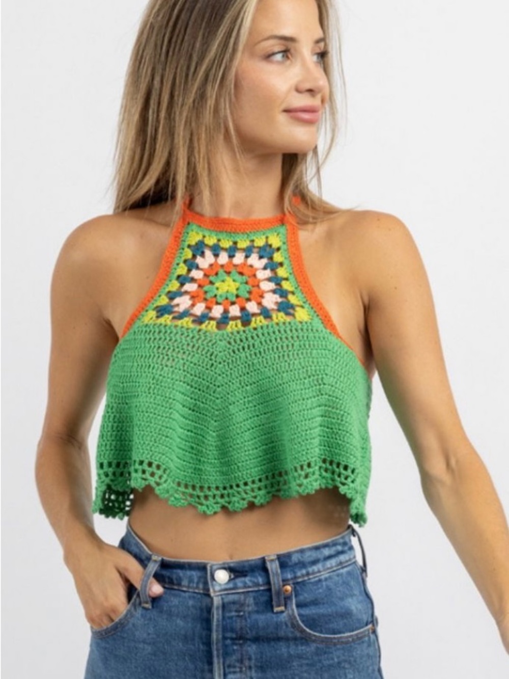 Klesis Crochet Halter Crop Top Boho Granny Square S